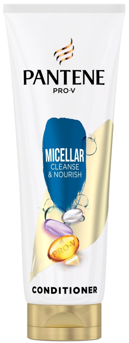 A white tube with gold cap, labeled Pantene Pro-V Micellar Conditioner for cleaning and nourishing hair.