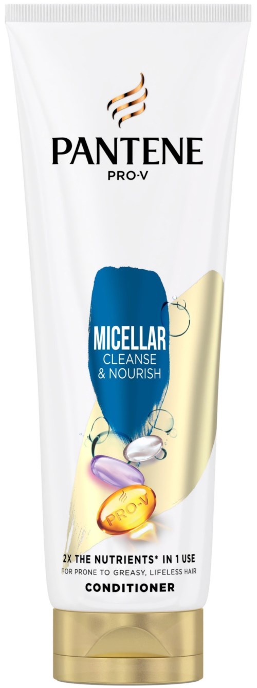 A white tube of Pantene Pro-V Micellar Cleanse & Nourish conditioner with black, blue, purple, and yellow accents.