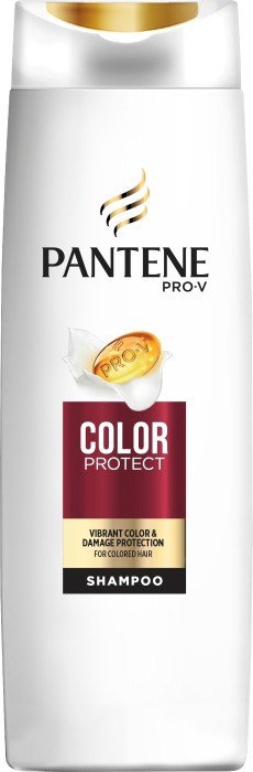 Pantene sjampoflaske med hvit og gull design, etiketten sier 'Color Protect' og 'Vibrant Color Damage Protection.'