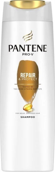En hvid shampoo-flaske med guldhætte, mærket Pantene Pro-V Repair & Protect til beskadiget hår.