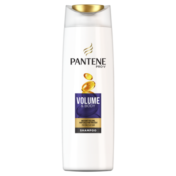 En hvit sjampo-flaske med gullhette og lilla etikett som viser det er for volum og kropp. Den har Pantene-logoen.