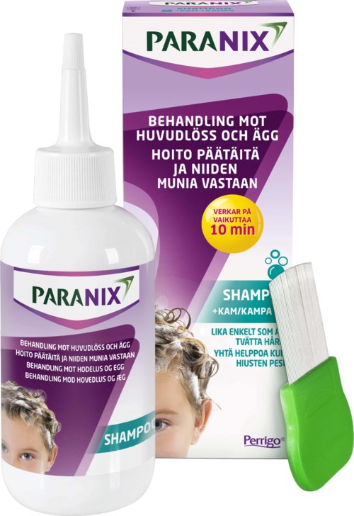 En schampoflaska och förpackning för mjällbehandling, med en liten grön borste och ett barns foto. Förpackningen har lila, grönt och vitt.