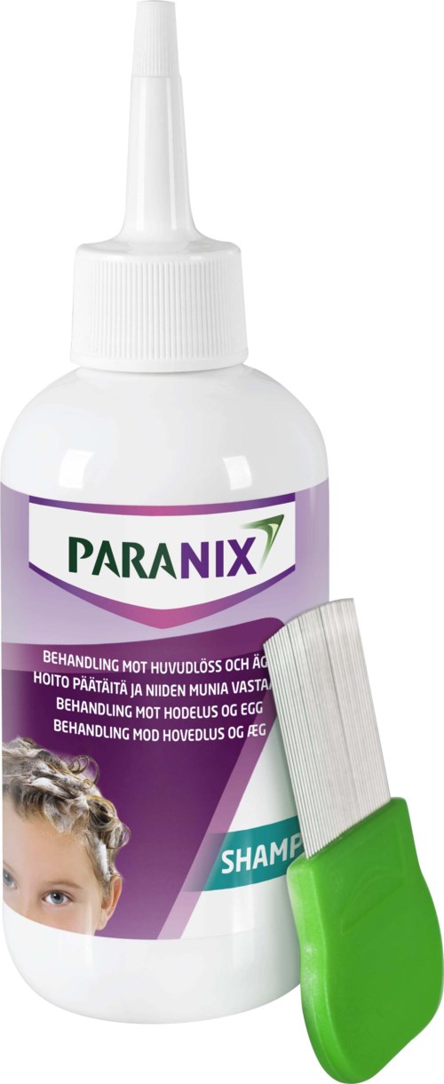 En vit flaska märkt 'Paranix' med lila och gröna accenter och en grön kam bredvid.