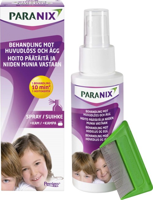 Eine Sprühflasche mit Kamm, verwendet zur Behandlung von Kopfläusen bei Kindern, beschriftet in mehreren Sprachen.
