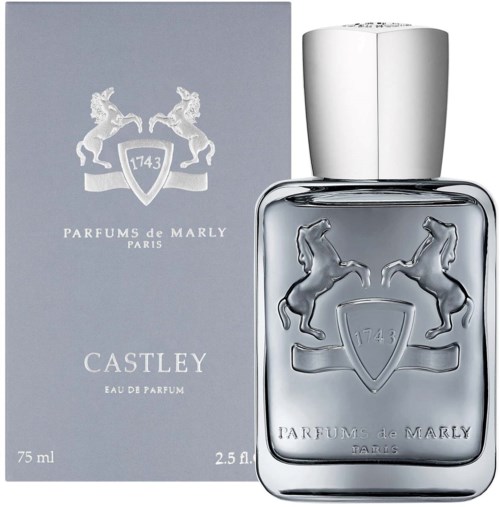 En parfymflaska och box med en häst och sköldlogga, silverkork och text för Parfums de Marly, Castley.
