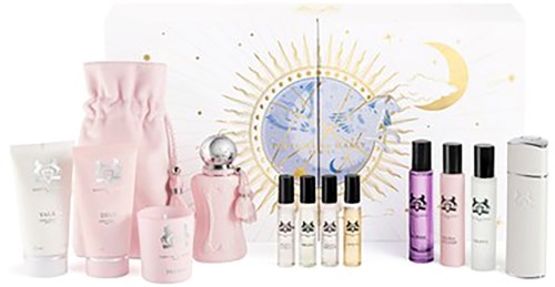 A collection of skincare and perfume bottles in pink, purple, and white, with a celestial-themed backdrop.