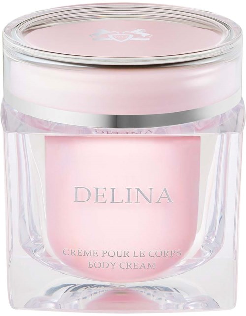 En rosa kroppskrem i en gjennomsiktig krukke med klar lokk, merket 'DELINA' og 'BODY CREAM'.