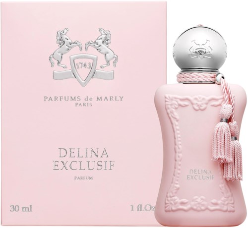 Elegant rosa parfottillsats med dekorativ design och matchande box, märkt Delina Exquif, av Parfums de Marly.