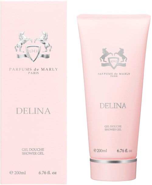 Eine rosa Duschgel-Tube und -Box mit grauem Logo und Text für Parfums de Marly Delina. Empfindliches und elegantes Design.
