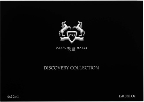 Black box with silver horses, logo, and text about Paris perfume brand and collection.