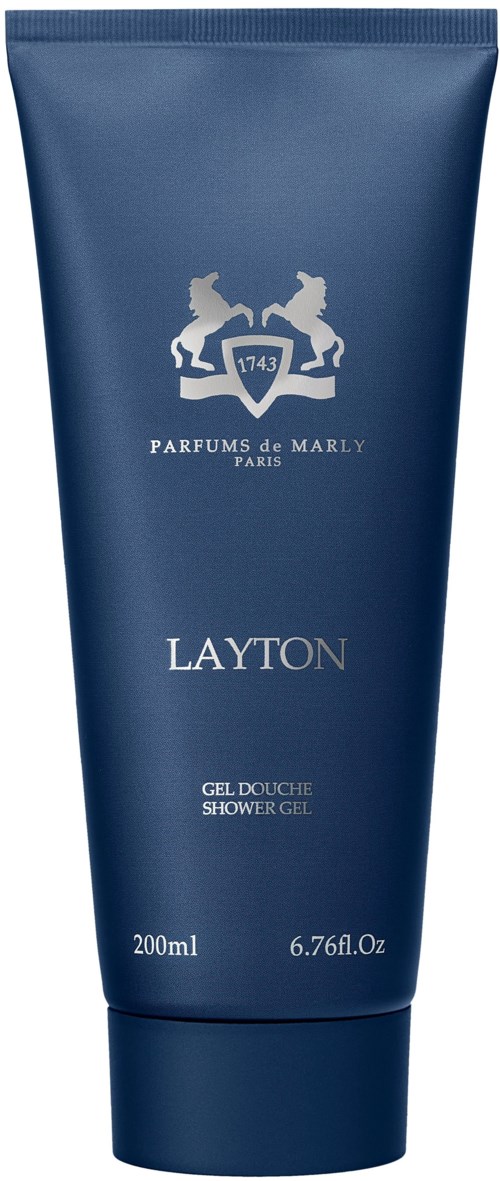 Blaue Tube für Layton Duschgel von Parfums de Marly mit Wappenlogo, hauptsächlich Text und 200ml.