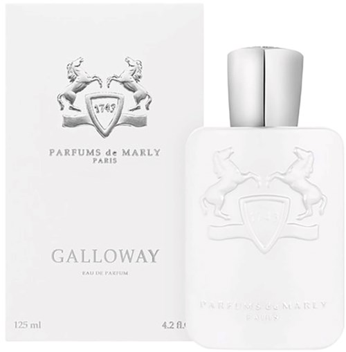 En vit parfymflaska och -förpackning med en lejon- och sköldlogo och text i en enkel, elegant stil.