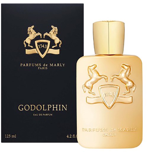 En parfymflaska och låda med gyllene hästar och sköldlogo, märkt 'Godolphin' av Parfums de Marly Paris.