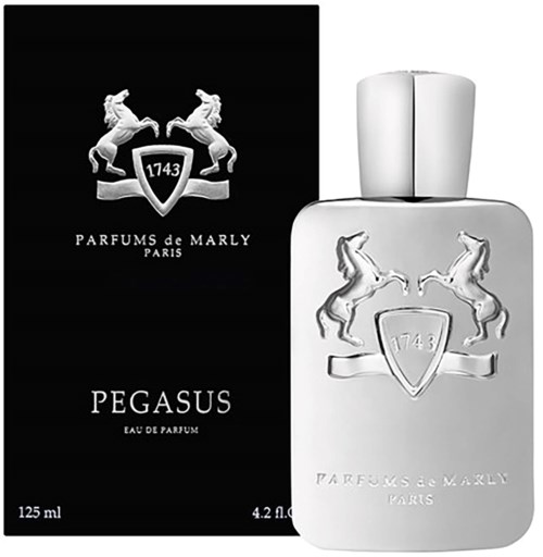 En parfymflaska och låda med Pegasus-logo, med text som visar "Pegasus" och "Parfums de Marly."