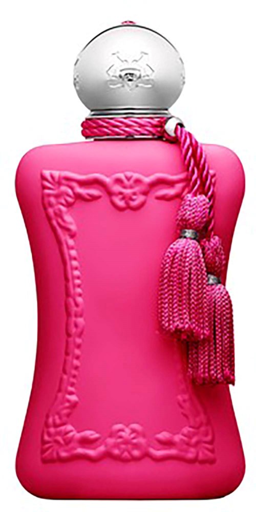 En rosa parfyllflaska med en dekorativ ram, ett klart runt lock och rosa tofsar som hänger från ett snöre.