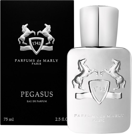 Ein Parfühflasche mit Pferdelogo und schwarzer Box, bezeichnet Pegasus, von Parfums de Marly, Paris.
