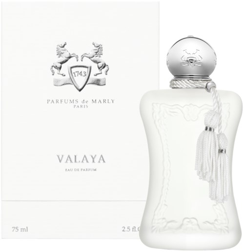 Elegante weiße Parfü Bottle mit rundem Verschluss, dekoriert mit einer Quaste, neben einer weißen Schachtel mit Silberwappen.
