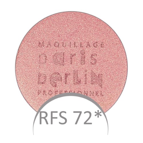 En rund rosa ögonskugga med varumärkes- och produktdetaljer i mitten och en etikett som lyder 'RFS 72*' nedtill.