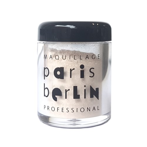 Przezroczysty pojemnik z napisem 'maquillage Paris Berlin professional' i pudrem wewnątrz.