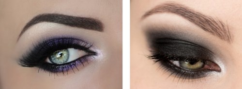 Två kvinnor har dramatisk ögonmakeup, en med djärv svart ögonskugga och eyeliner, den andra med mjukare, naturliga toner.