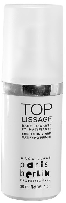En vit flaska märkt 'TOP LISSAGE' för jämnande och mattande primer från Paris Berlin. Den innehåller 30 ml.