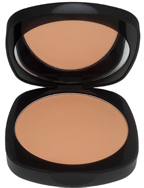 Ett kompakt sminkfodral med spegel inuti, innehållande beige puder, troligen för ansiktet eller foundation.