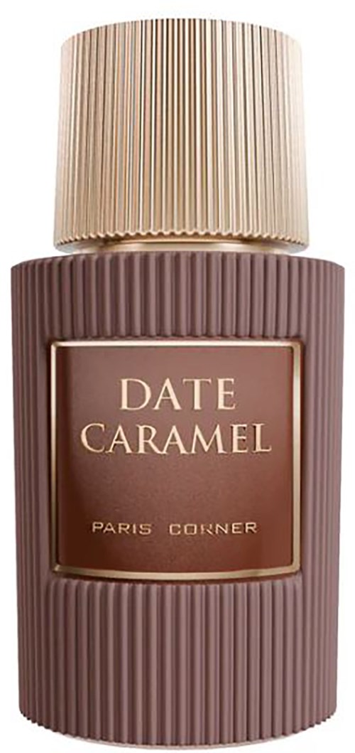 En flaske med en ribbet, lilla kropp og beige hette. Den er merket 'Date Caramel' fra Paris Corner.