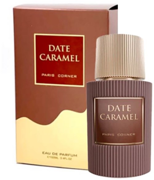 En parfymeflaske kalt 'Date Caramel' ved siden av esken, begge har en brun og beige fargeskjema.