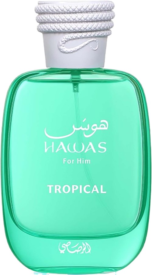 En grønn parfymeflaske med hvit lokk og hvit tekst, merket 'Hawas For Him Tropical'.