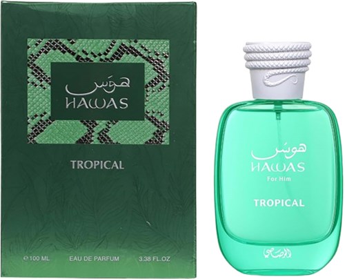 En grønn eske og en tilsvarende grønn parfymeflaske med hvit lokk, merket "Hawas Tropical" for menn.