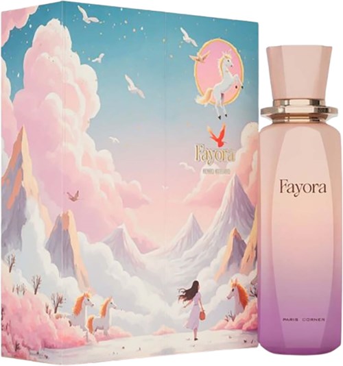 A pink bottle of Fayora perfume with a fantasy-themed background of mountains, clouds, unicorns, and a girl.