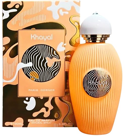 A perfume bottle and box labeled Khayal, with orange and black abstract designs and text.