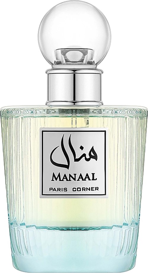 A glass perfume bottle with a round cap, labeled 'Manaal' and 'Paris Corner,' containing light-colored liquid.