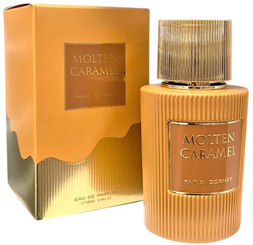 En parfymeflaske og eske med tittelen 'Molten Caramel' i gull- og ferskenfarger, med en teksturert lokk.