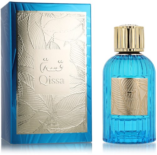 Blue perfume bottle with a gold cap and a silver box with leaf patterns and Arabic text.