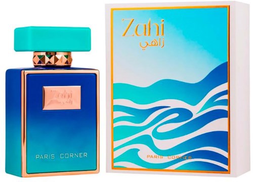 A perfume bottle and box are shown, labeled Zahi, with blue and orange design elements.