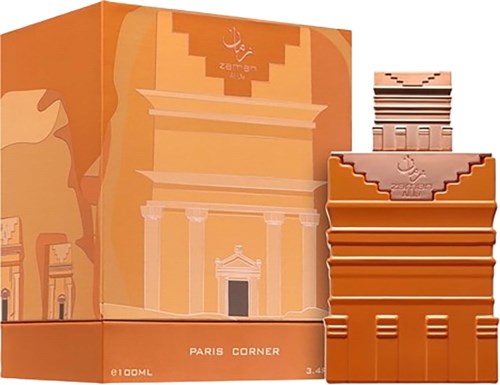 Parfyymin Paris Corner-rasia, jossa on kuva muistuttaen historiallista rakennusta ja erillinen kerros suihkepulloja.