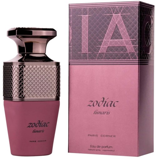 Pink perfume bottle with a silver cap, beside a pink box labeled 'L'A string zodiac lunar.'