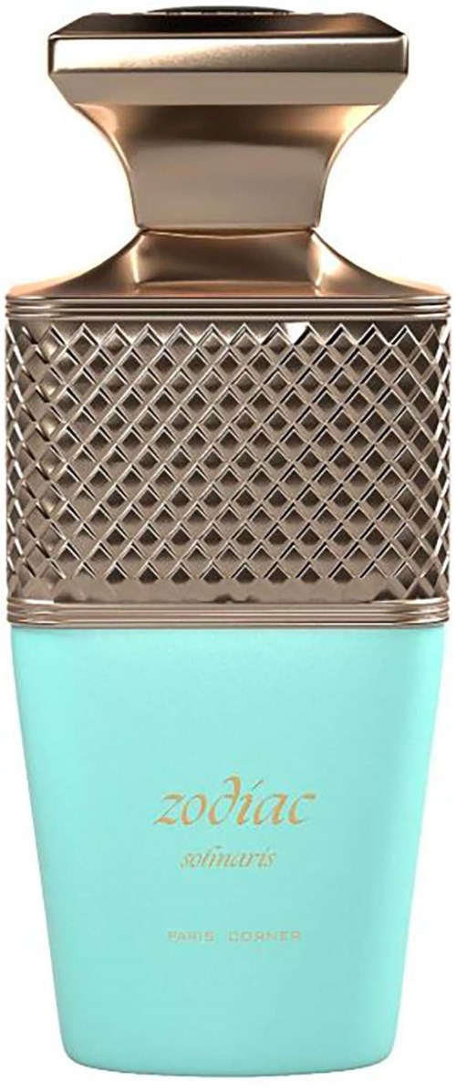 A perfume bottle with a gold top, diamond pattern, and light blue bottom labeled Zodiac Soomaru.