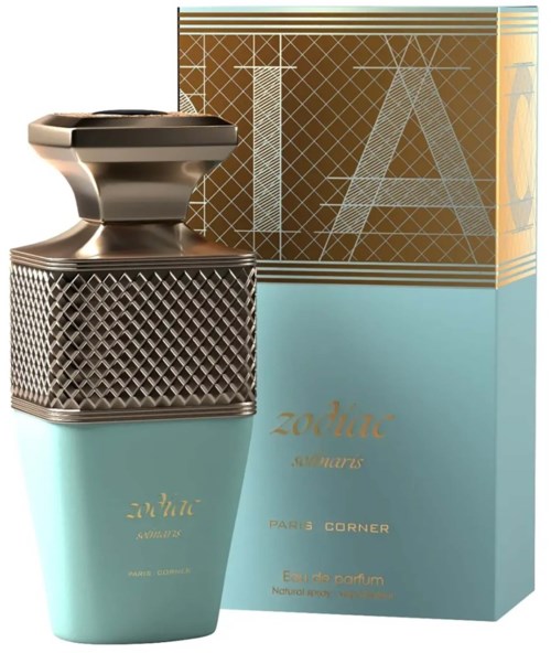 A perfume bottle and box with a blue and gold design, labeled 'zodiac aquarius'.