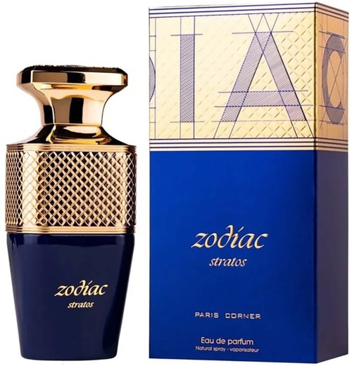 En luksuriøs blå og gull parfymeflaske og eske med teksten "Zodiac Stratos" og "Paris Corner".