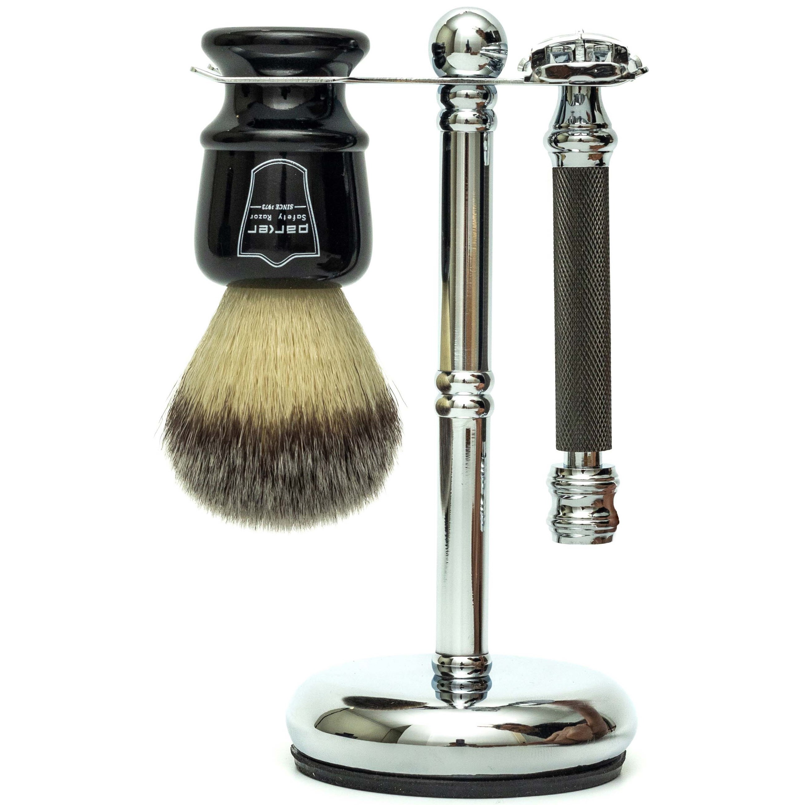 Parker Shaving 3 piece Shave Set Black brush-76R-Chrome Stand