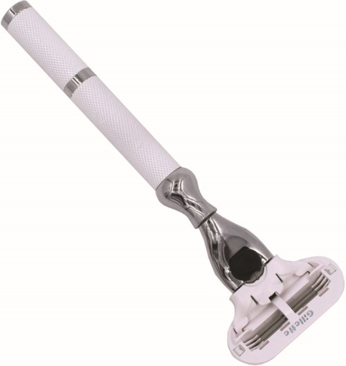 A white and silver safety razor with a textured handle and a dual blade head.