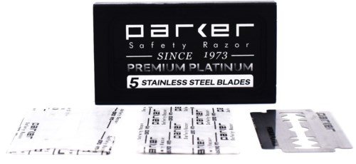 Parker Safety Razor -rasiauskasetti, mukana viisi ruostumatonta terää ja tiedot.