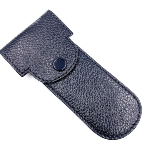A black leather case with a button, designed to hold small items like scissors or tools.