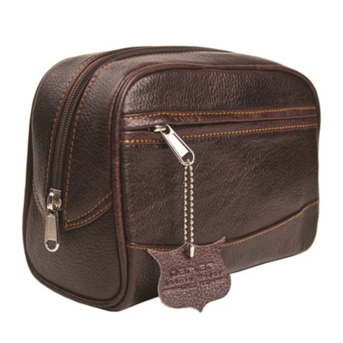 A brown leather toiletry bag with a front zipper pocket and a charm attached to the zipper.