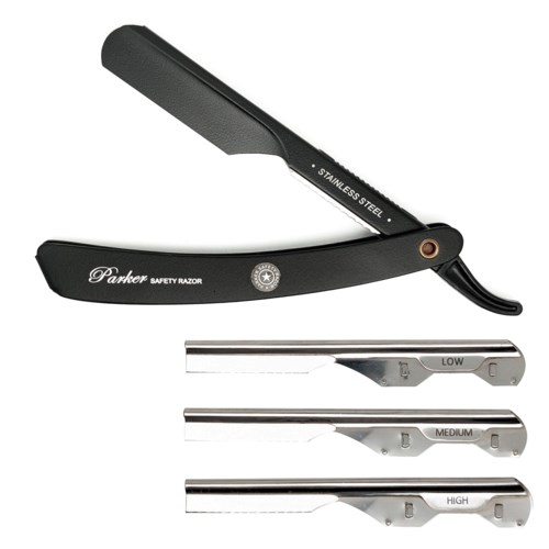 A straight razors set with three blades labeled low, medium, and high, along with a black safety razor.