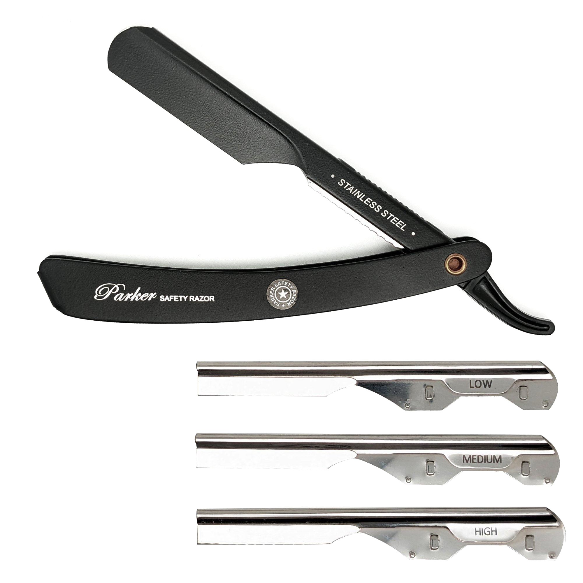 Parker Shaving PTABK Adjustable Push w. 3 blade option Metal Black Bar