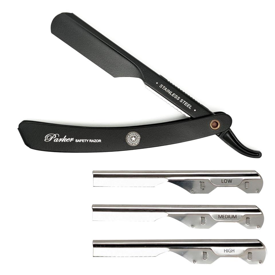 Parker Shaving PTABK Adjustable Push w. 3 blade option Metal Black Barber/Straight Razor