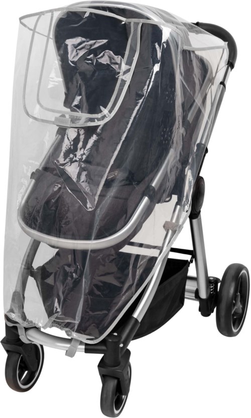 Einkaufswagen mit transparenter Abdeckung und vier Rädern, zum Schutz der Gegenstände vor Wetter.